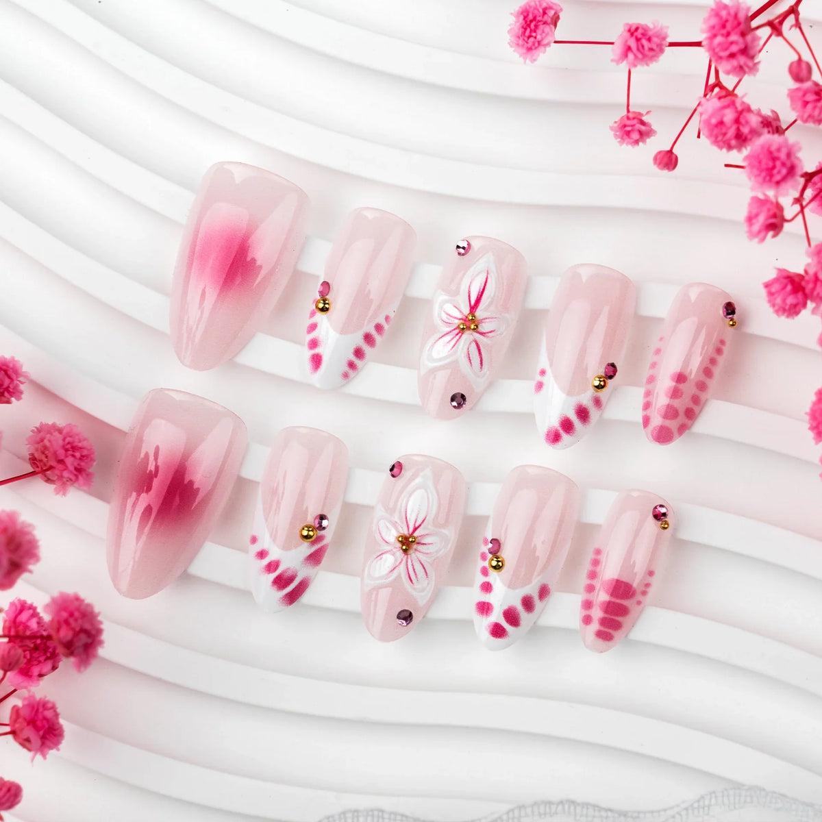 Press-On Nail Set Floral & Rhinestone Accents Chip-Resistant