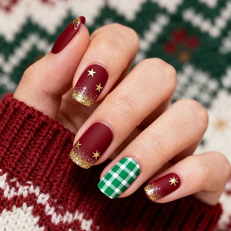 Press-On Nail Set Holiday Glitter & Star Designs Reusable