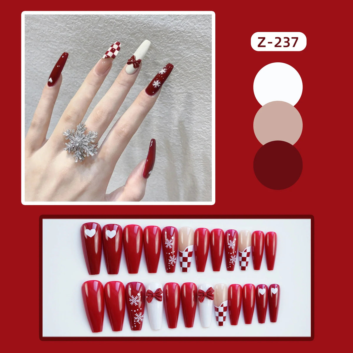 Press-On Nail Set Holiday Red Snowflake & Bow