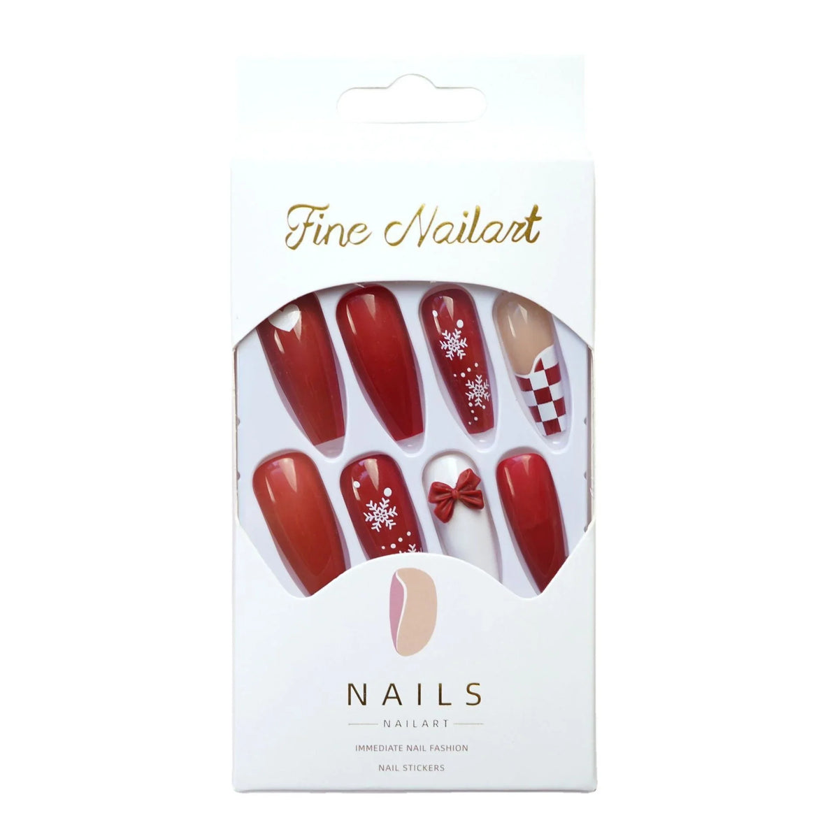 Press-On Nail Set Holiday Red Snowflake & Bow