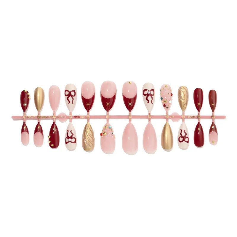 Press-On Nail Set Long-Lasting Festive Red Bows & Stars