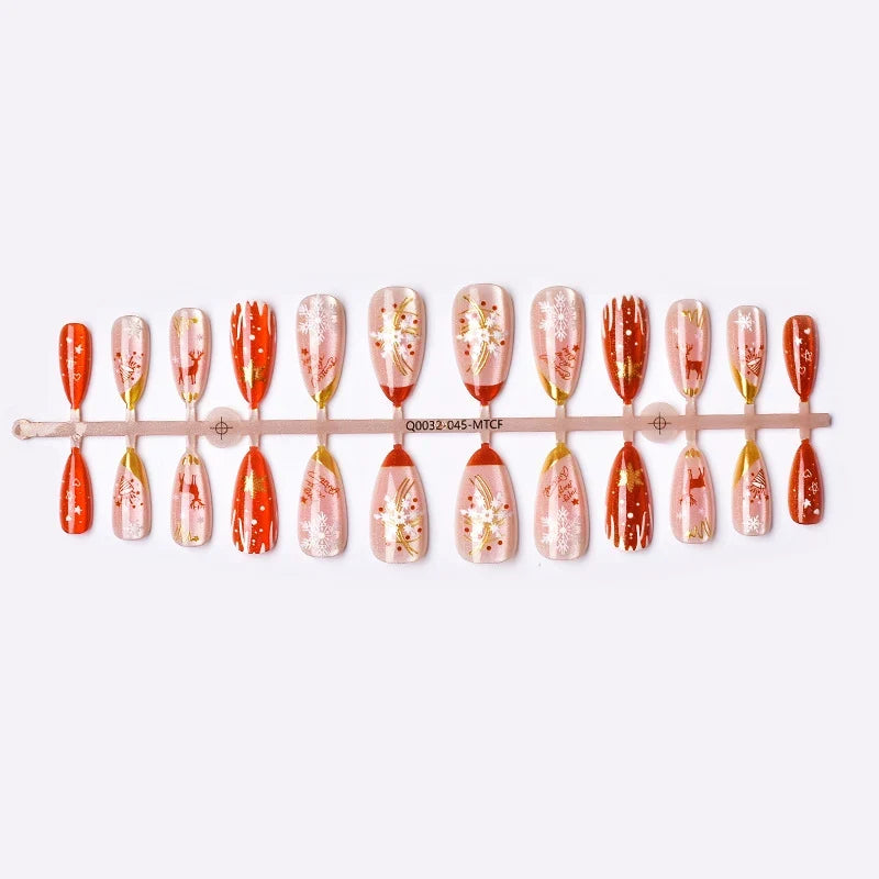 Press-On Nail Set No-Glue Holiday Snowflake & Gold Accents