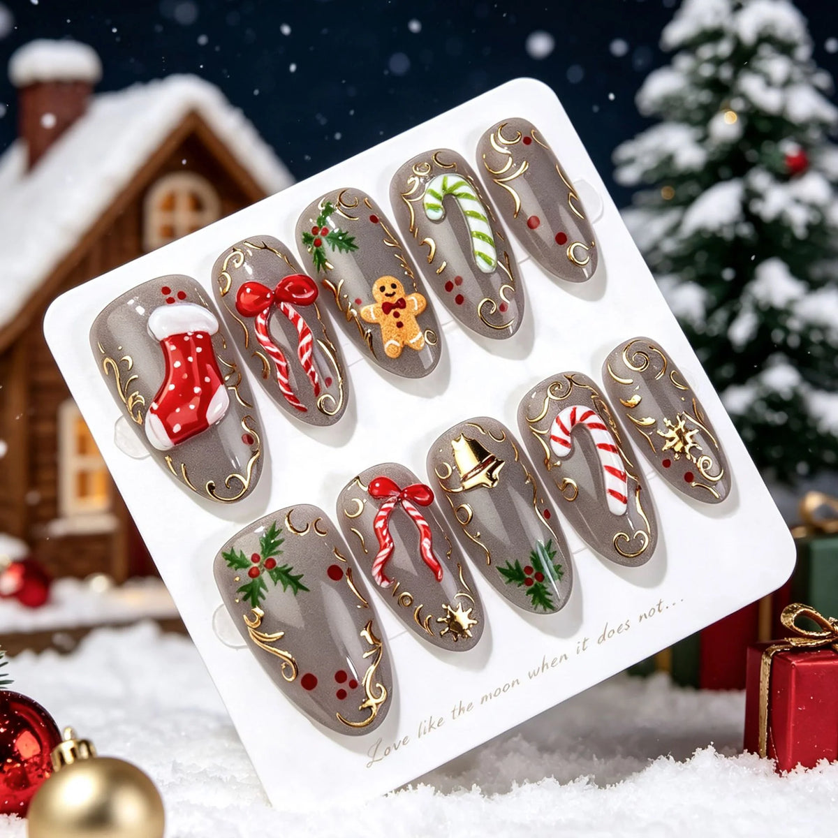 Press-On Nail Set Peel-And-Stick Holiday Designs Reusable