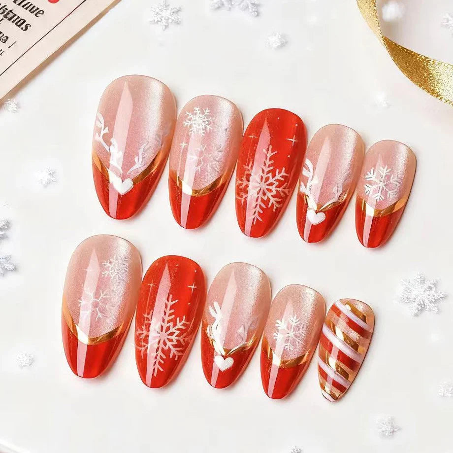 Press-On Nail Set Red & Gold Snowflake Easy Application