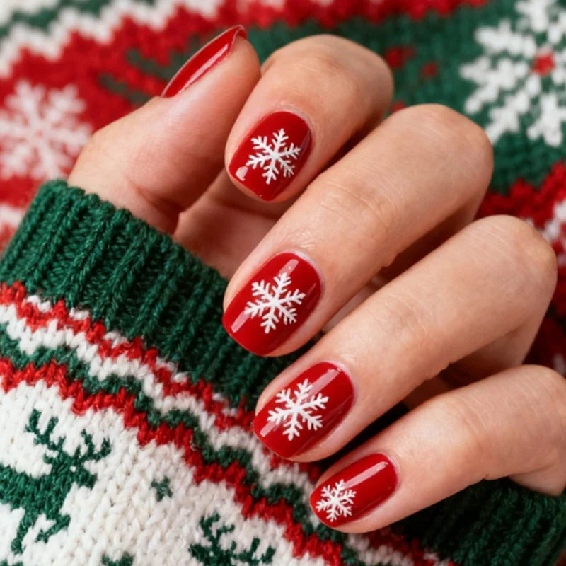 Press-On Nail Set Red Snowflake 24-Piece Glue & Template