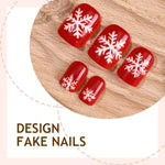 Press-On Nail Set Red Snowflake With Glue & Template