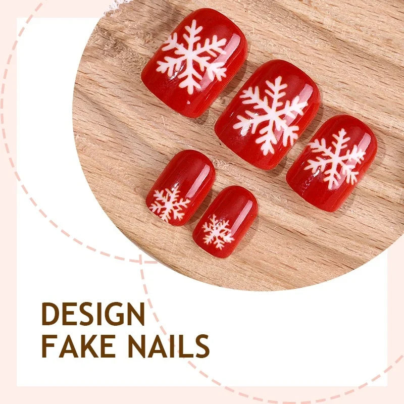 Press-On Nail Set Red Snowflake With Glue & Template
