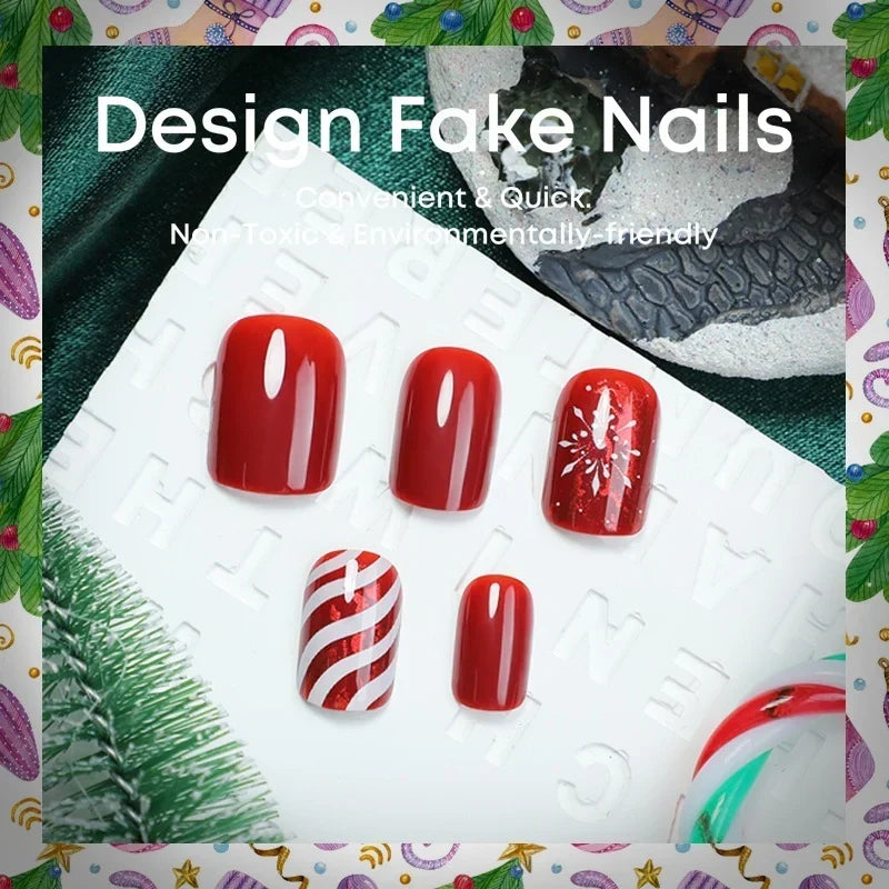 Press-On Nail Set Self-Adhesive Holiday Snowflake & Candy Cane