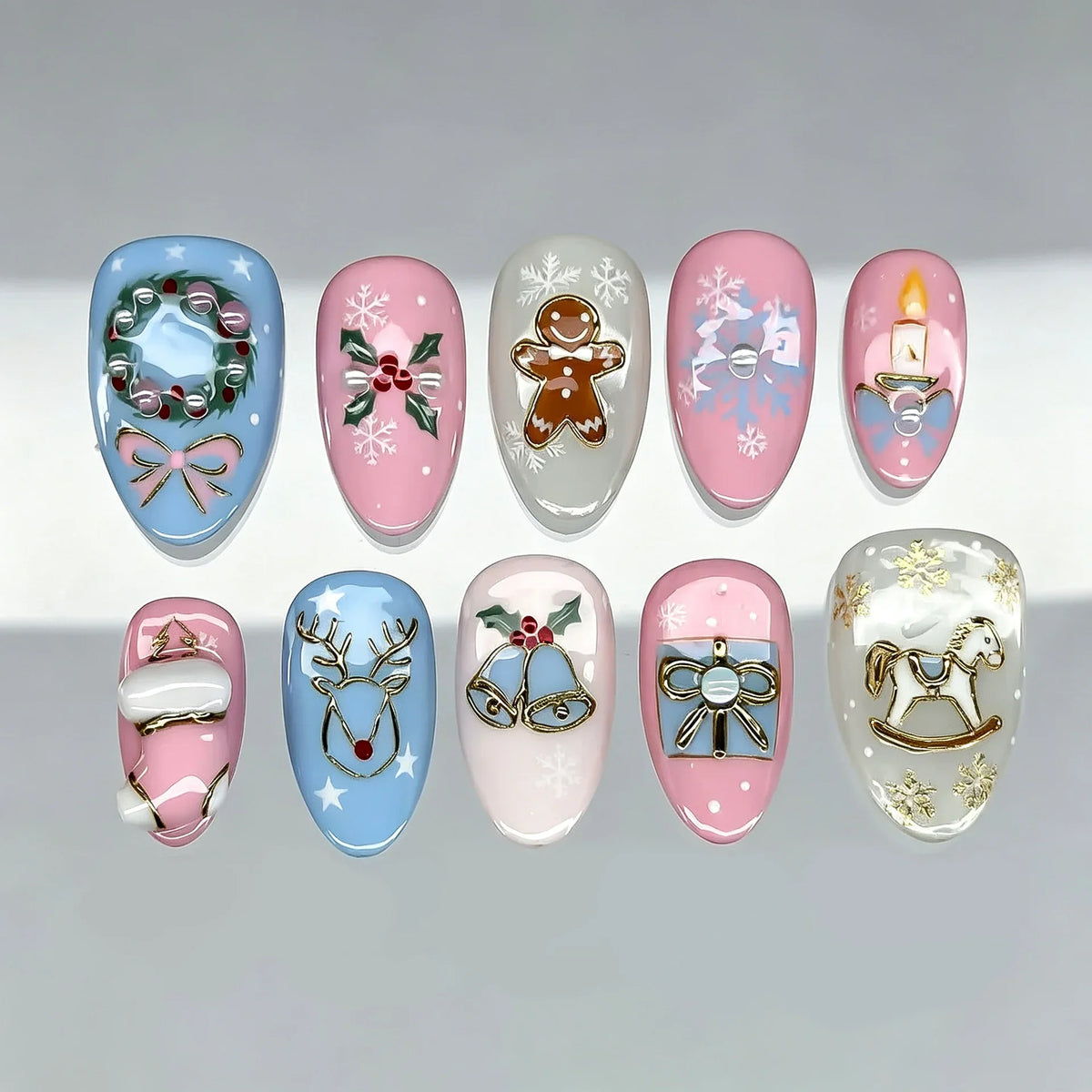 Press-On Nail Set Ten Festive Designs Non-Toxic