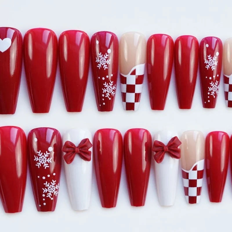 Press-On Nails Festive Red Snowflake & Bow Glue-On