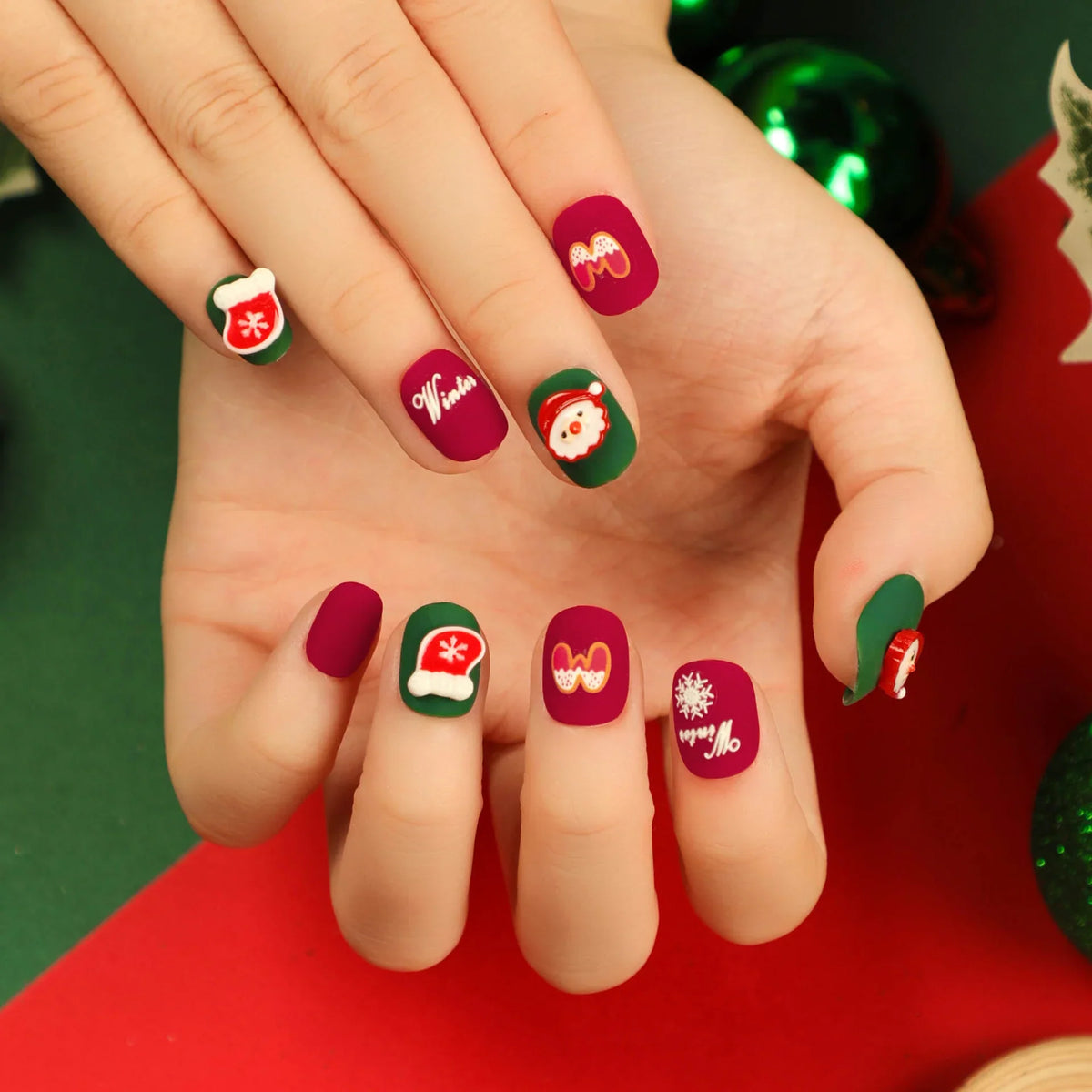 Press-On Nails Festive Santa & Snowflake Blue Glue-On