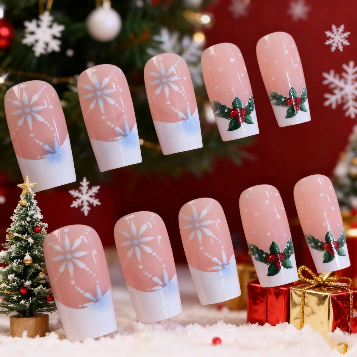 Press-On Nails Holiday Snowflake & Holly Long-Lasting Easy-Apply