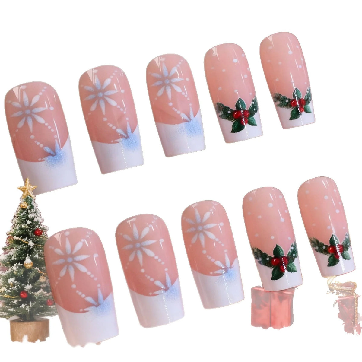 Press-On Nails Holiday Snowflake & Holly Long-Lasting Easy-Apply