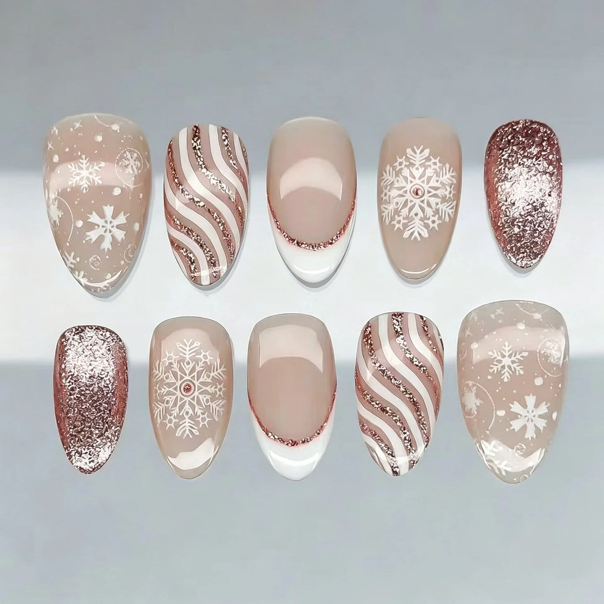 Press-On Nails Snowflake Design Rose Gold Accents Long-Lasting Wear