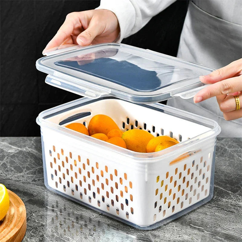 Produce Storage Container Built-In Drain Basket Fridge Organizer