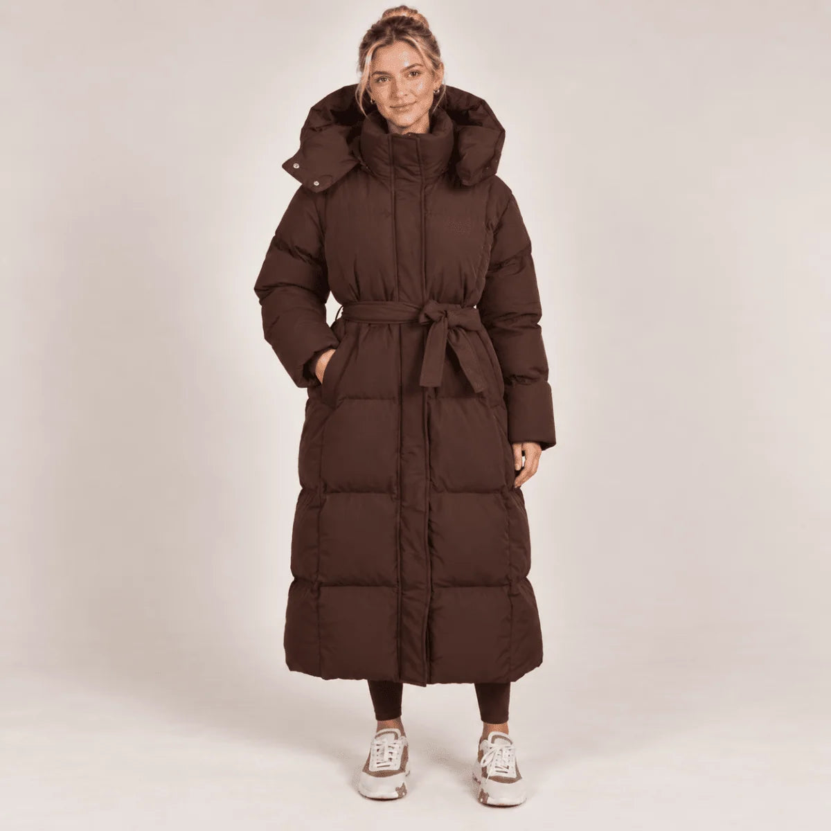 Puffer Coat Longline Hooded Adjustable Waist Belt