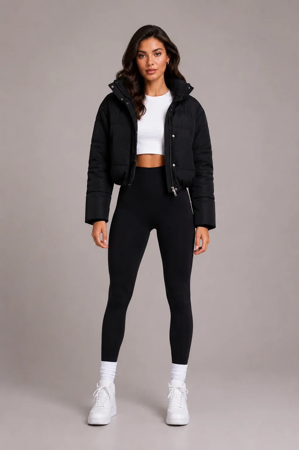 Puffer Jacket Cropped Quilted Hooded with Zip Pockets