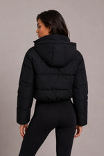 Puffer Jacket Cropped Quilted Hooded with Zip Pockets