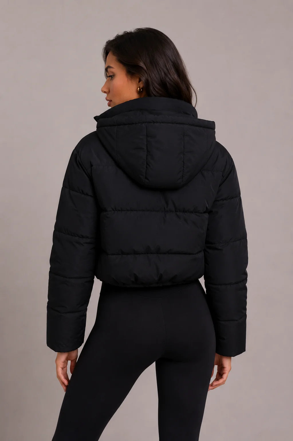 Puffer Jacket Cropped Quilted Hooded with Zip Pockets