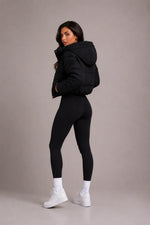 Puffer Jacket Cropped Quilted Hooded with Zip Pockets