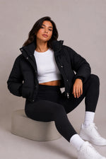 Puffer Jacket Cropped Quilted Hooded with Zip Pockets