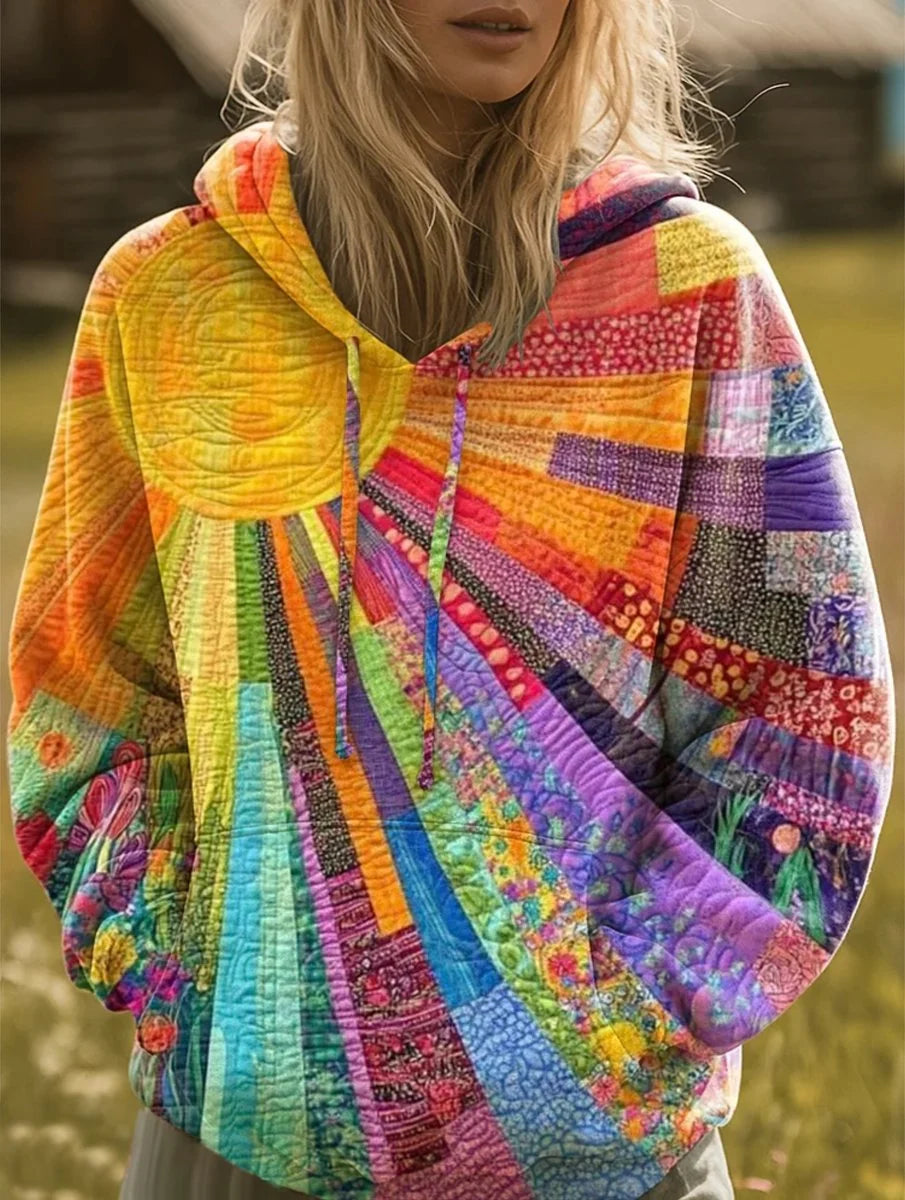Pullover Hoodie Quilted Sunburst Patchwork Drawstring Hood