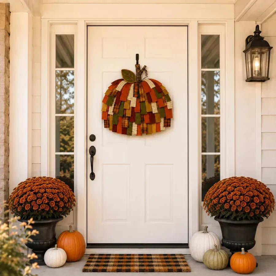 Pumpkin Door Hanger 3D Patchwork Fabric Optional LED Lights