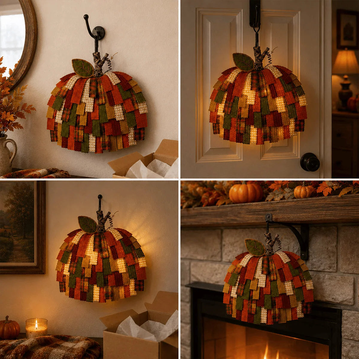 Pumpkin Door Hanger 3D Patchwork Fabric Optional LED Lights