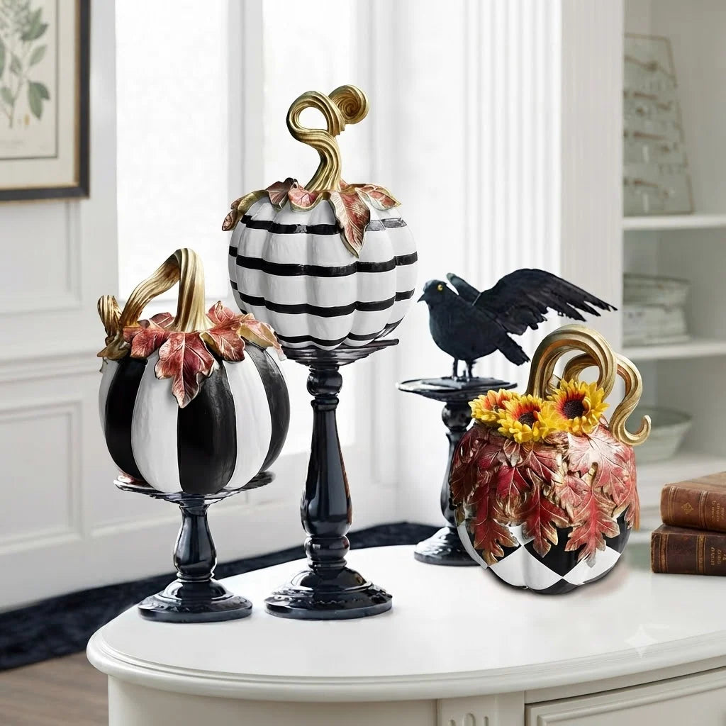 Pumpkin Statue Resin Black & White Tabletop Decor