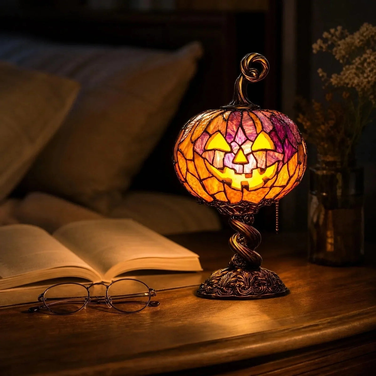 Pumpkin Table Lamp Stained Glass Style USB Rechargeable LED