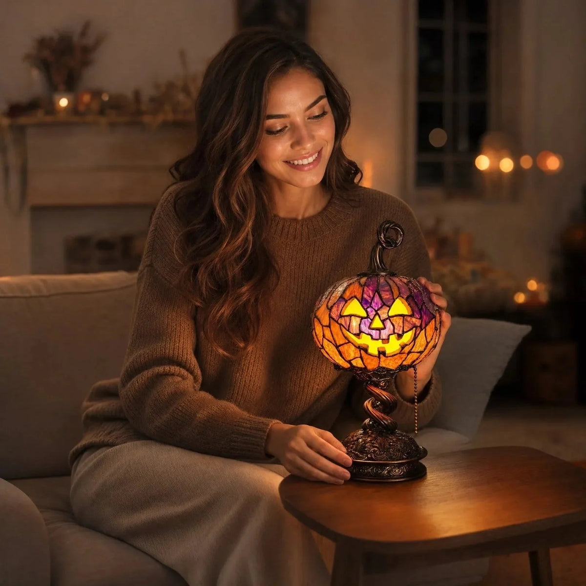Pumpkin Table Lamp Stained Glass Style USB Rechargeable LED
