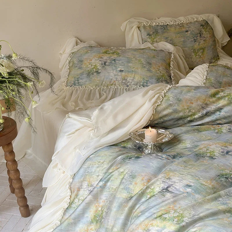 Quilted Bed Set 4-Piece Watercolor Floral Ruffled Trim