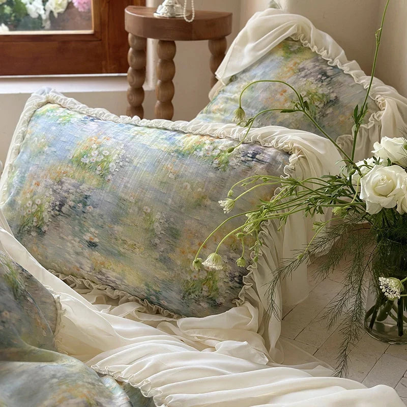 Quilted Bed Set 4-Piece Watercolor Floral Ruffled Trim