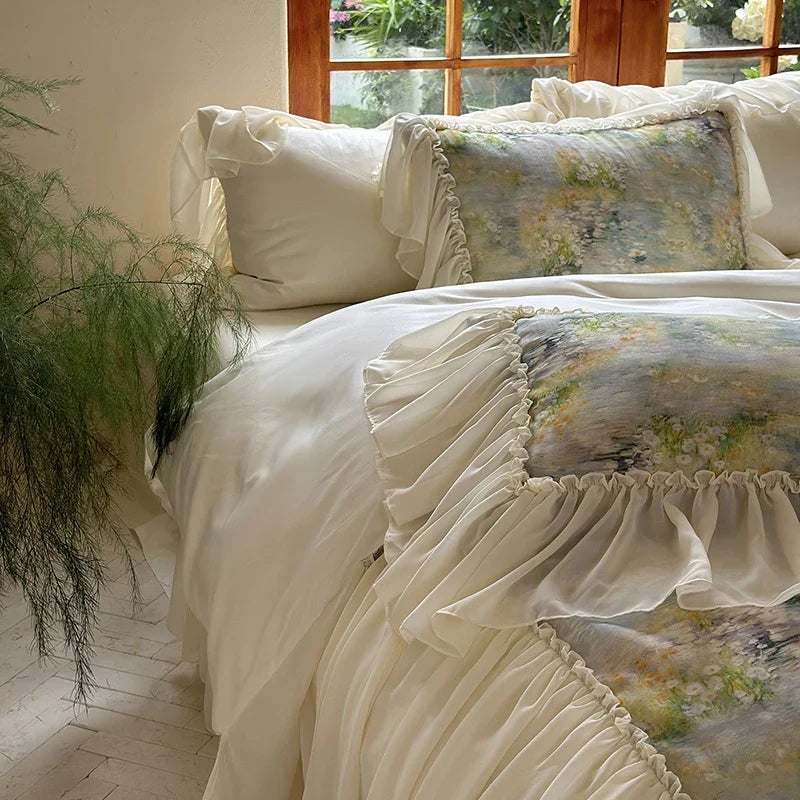 Quilted Bed Set 4-Piece Watercolor Floral Ruffled Trim