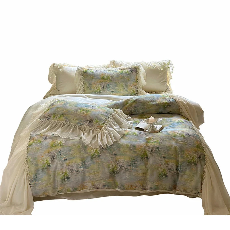 Quilted Bed Set 4-Piece Watercolor Floral Ruffled Trim