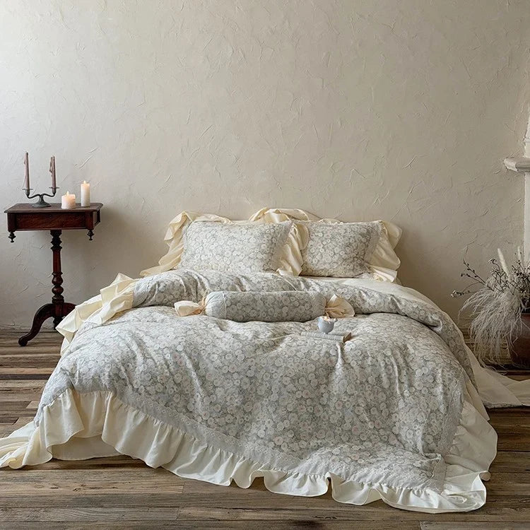 Quilted Bedding Set Breathable Cotton-Blend Floral Jacquard 4 Piece