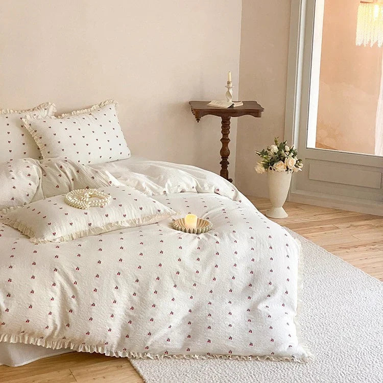 Quilted Bedding Set Cotton Muslin Cherry Print Ruffle Edge