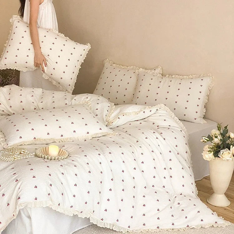 Quilted Bedding Set Cotton Muslin Cherry Print Ruffle Edge