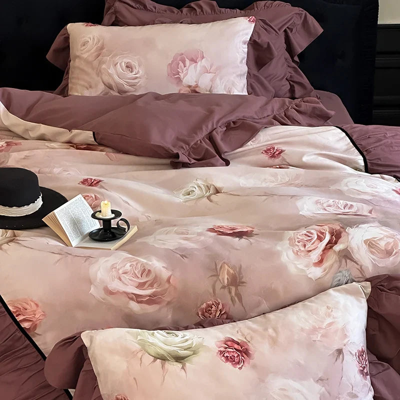 Quilted Bedding Set Cotton Satin Rose Watercolor Print