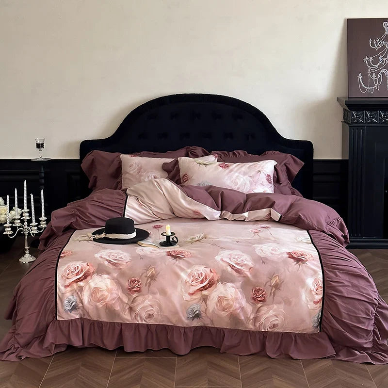 Quilted Bedding Set Cotton Satin Rose Watercolor Print