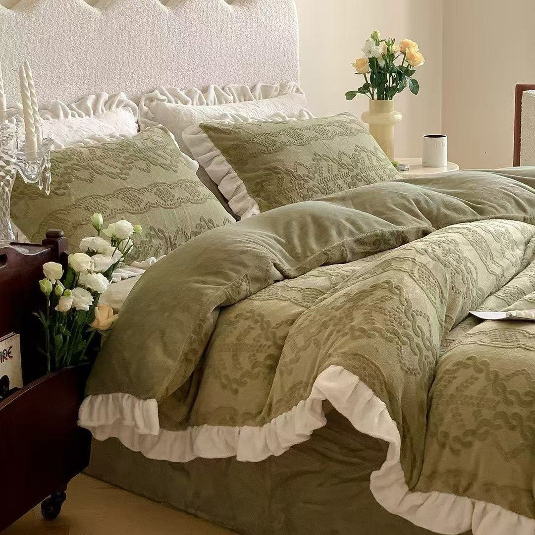 Quilted Bedding Set Floral Embroidery Ruffled Hem