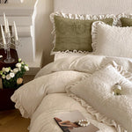 Quilted Bedding Set Floral Embroidery Ruffled Hem