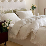 Quilted Bedding Set Floral Embroidery Ruffled Hem