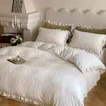 Quilted Bedding Set Floral Embroidery Ruffled Hem