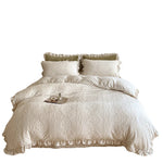 Quilted Bedding Set Floral Embroidery Ruffled Hem