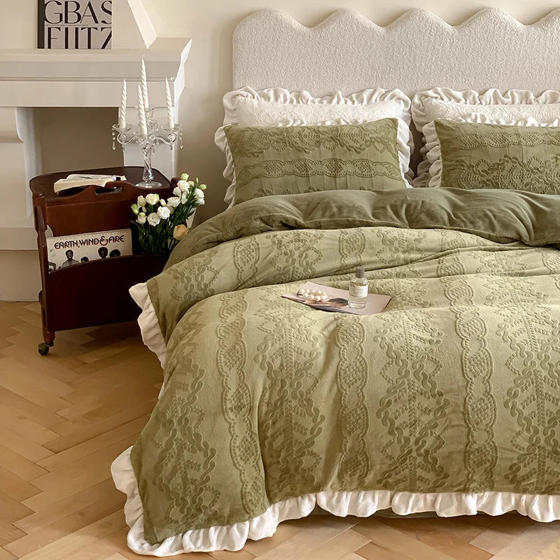 Quilted Bedding Set Floral Embroidery Ruffled Hem