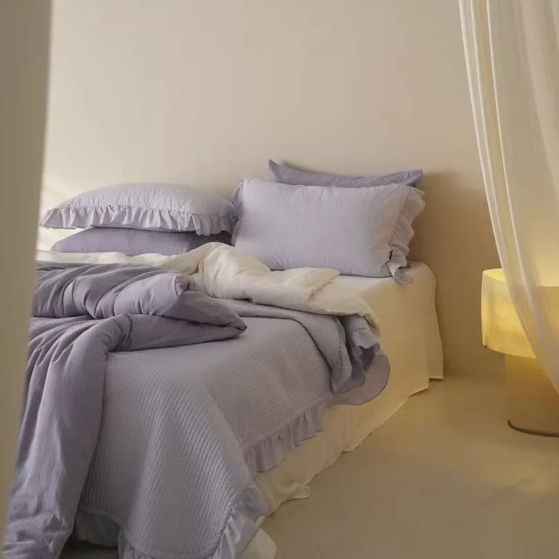 Quilted Bedding Set Stonewashed Cotton Ruffled Edges & Machine Washable
