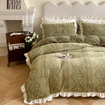 Quilted Bedding Set Tone-On-Tone Floral Embroidery Ruffled Hem