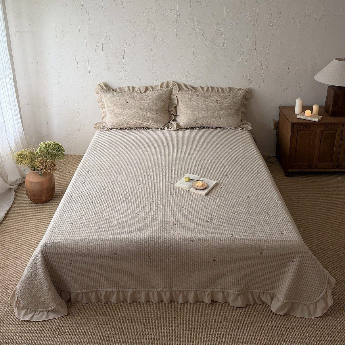 Quilted Bedspread Set Cotton Percale Floral Embroidery