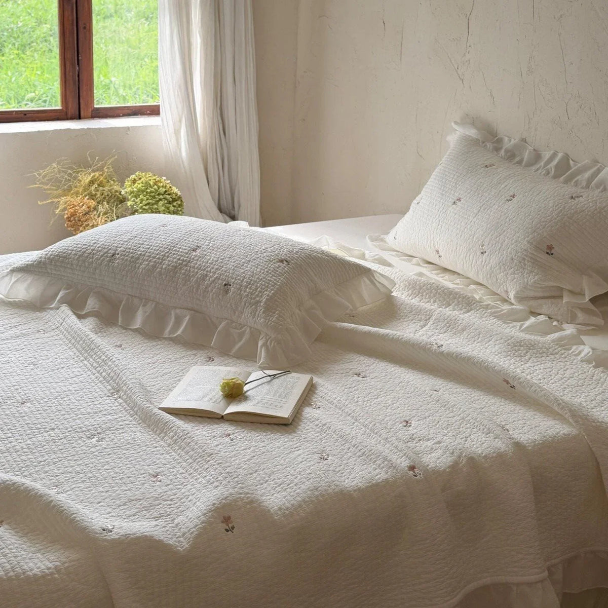 Quilted Bedspread Set Cotton Percale Floral Embroidery